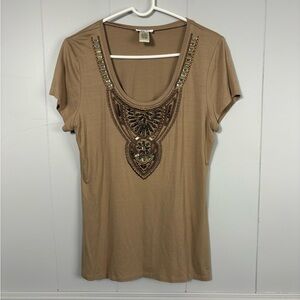 Cache Women's Scoop Neck Top Blouse Shirt Women Beaded Beige Tan Large Y2K Basic